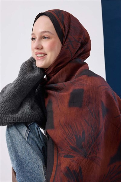 Viskon Mayda Şal Kiremit Zeminli Siyah Detaylı Desenli Yumuşak Dokulu 190x70