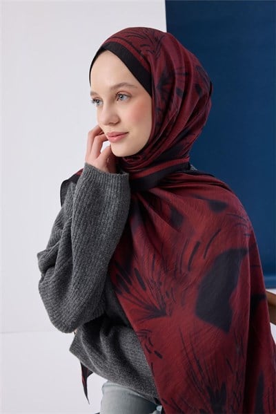 Viskon Mayda Şal Kırmızı Zeminli Siyah Detaylı Desenli Yumuşak Dokulu 190x70