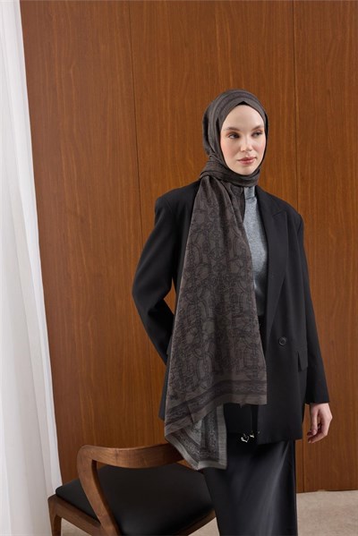 Viskon Mayda Şal Yeşil Kahve Zeminli Lacivert Detaylı Zincir Desenli Yumuşak Dokulu Dökümlü 190x70