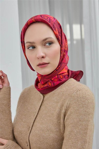 Viskon Velora Eşarp Bordo Desenli Tok Duruşlu Dört Mevsim 90x90