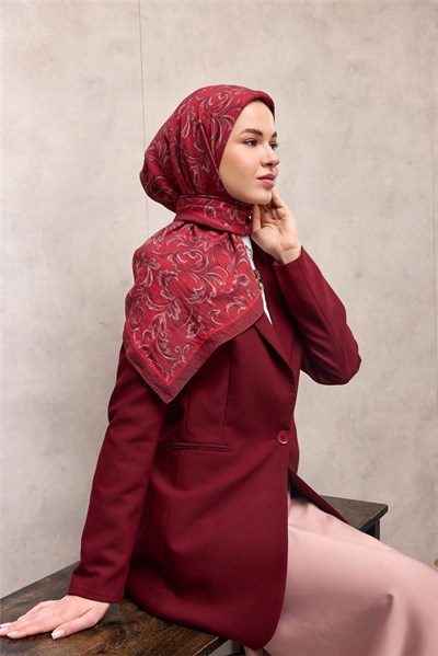 Viskon Velora Eşarp Bordo Floral Desenli Tok Duruşlu 90x90