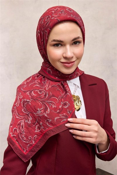 Viskon Velora Eşarp Bordo Floral Desenli Tok Duruşlu 90x90
