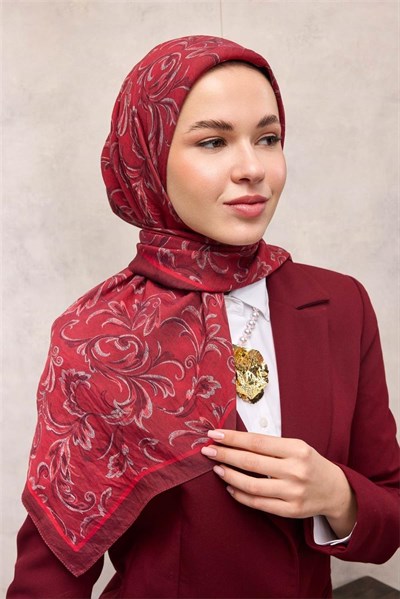Viskon Velora Eşarp Bordo Floral Desenli Tok Duruşlu 90x90