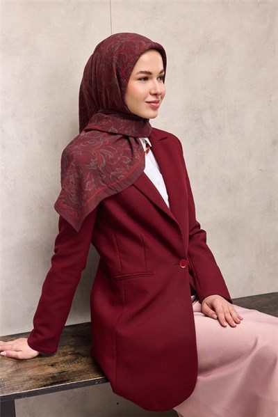 Viskon Velora Eşarp Bordo Kırmızı Tonlu Barok Floral Desenli Tok Duruşlu 90x90