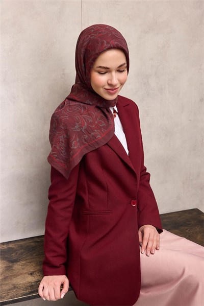 Viskon Velora Eşarp Bordo Kırmızı Tonlu Barok Floral Desenli Tok Duruşlu 90x90