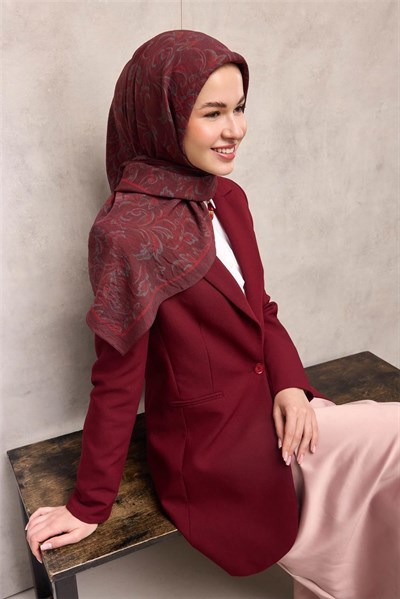 Viskon Velora Eşarp Bordo Kırmızı Tonlu Barok Floral Desenli Tok Duruşlu 90x90