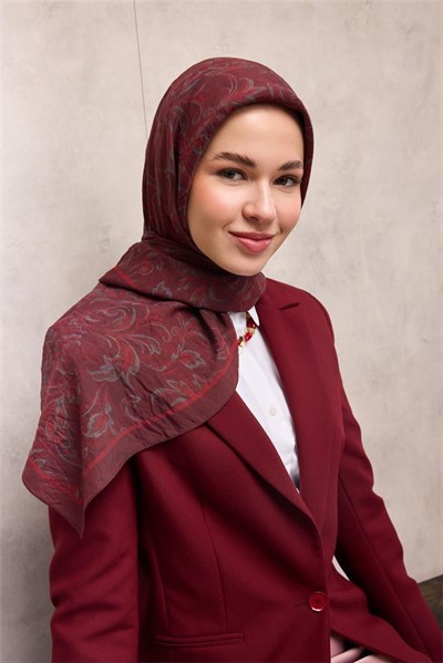 Viskon Velora Eşarp Bordo Kırmızı Tonlu Barok Floral Desenli Tok Duruşlu 90x90