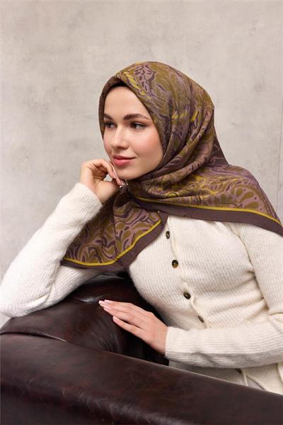 Viskon Velora Eşarp Dört Mevsim Antik Desen Koyu Kahve 90x90