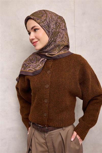 Viskon Velora Eşarp Dört Mevsim Antik Desen Mürdüm Kahve 90x90