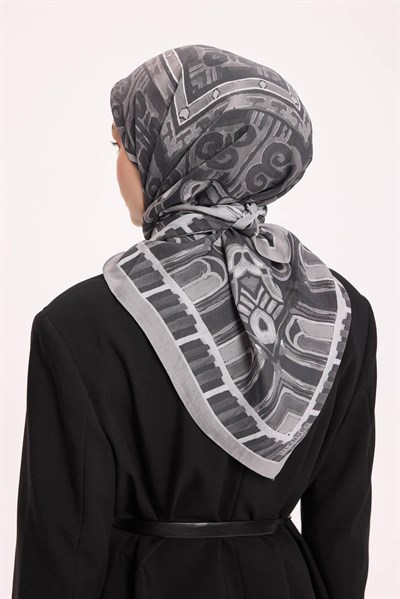 Viskon Velora Eşarp Dört Mevsim Antik Motif Desen Füme 90X90