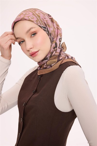 Viskon Velora Eşarp Dört Mevsim Antik Motif Desen Toz Pembe 90X90
