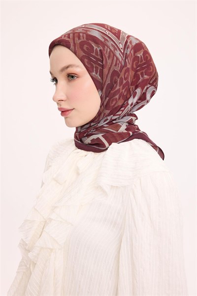 Viskon Velora Eşarp Dört Mevsim Antik Motif Desen Bordo 90X90