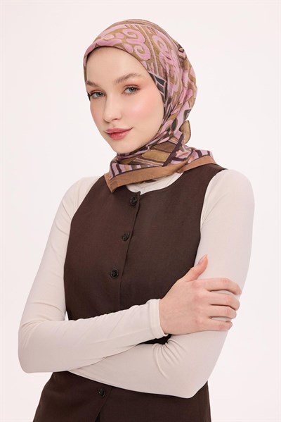 Viskon Velora Eşarp Dört Mevsim Antik Motif Desen Toz Pembe 90X90