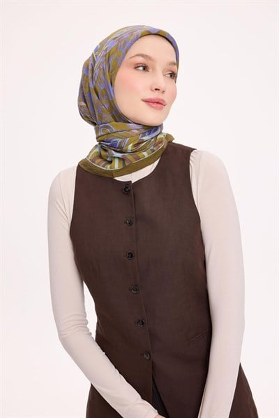 Viskon Velora Eşarp Dört Mevsim Antik Motif Desen Yağ Yeşili 90X90