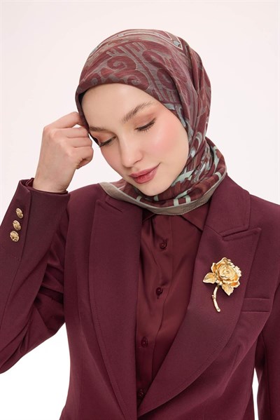 Viskon Velora Eşarp Dört Mevsim Antik Motif Desen Kiremit Bordo 90X90