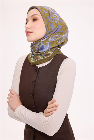 Viskon Velora Eşarp Dört Mevsim Antik Motif Desen Yağ Yeşili 90X90