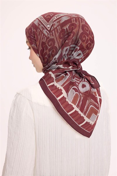 Viskon Velora Eşarp Dört Mevsim Antik Motif Desen Bordo 90X90