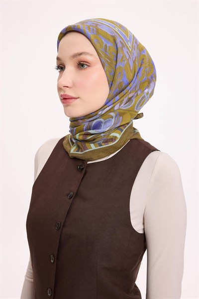 Viskon Velora Eşarp Dört Mevsim Antik Motif Desen Yağ Yeşili 90X90