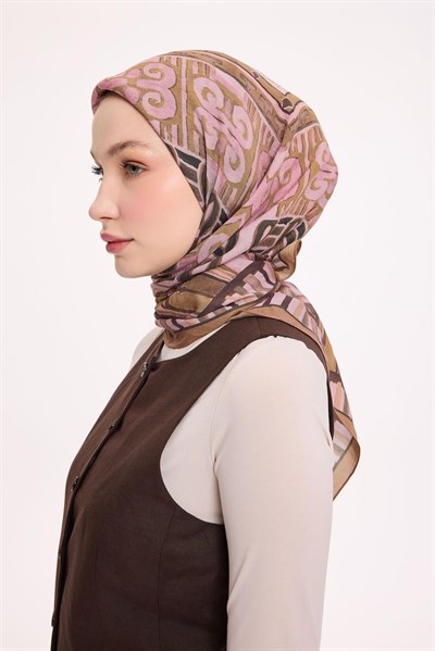 Viskon Velora Eşarp Dört Mevsim Antik Motif Desen Toz Pembe 90X90