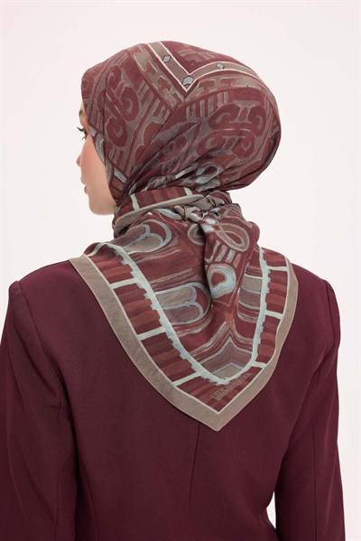 Viskon Velora Eşarp Dört Mevsim Antik Motif Desen Kiremit Bordo 90X90