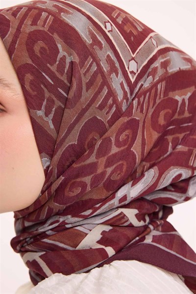 Viskon Velora Eşarp Dört Mevsim Antik Motif Desen Bordo 90X90