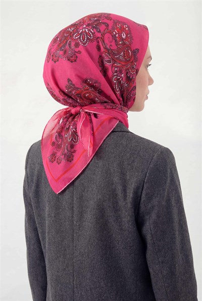 Viskon Velora Eşarp Dört Mevsim Barok Floral Desen Fosfor Pembe 90X90