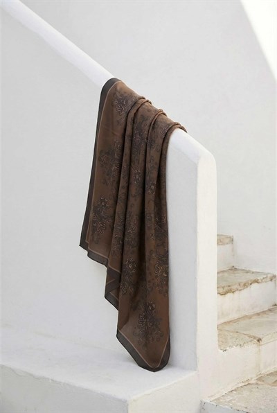 Viskon Velora Eşarp Dört Mevsim Barok Floral Desen Kahverengi 90X90