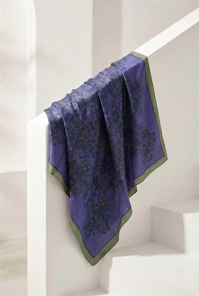 Viskon Velora Eşarp Dört Mevsim Barok Floral Desen Mavi Mor 90X90