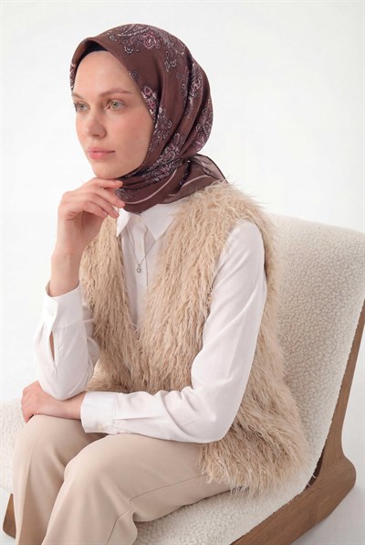 Viskon Velora Eşarp Dört Mevsim Barok Floral Desen Açık Kahve 90X90