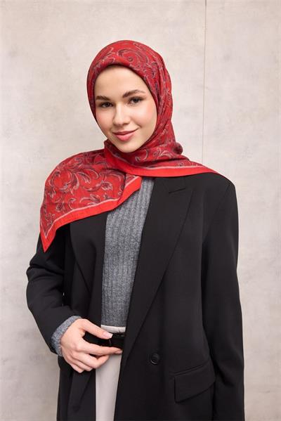 Viskon Velora Eşarp Dört Mevsim Barok Floral Desen Kırmızı 90x90