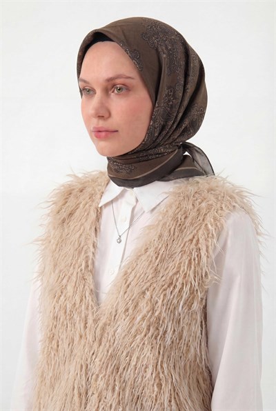 Viskon Velora Eşarp Dört Mevsim Barok Floral Desen Kahverengi 90X90