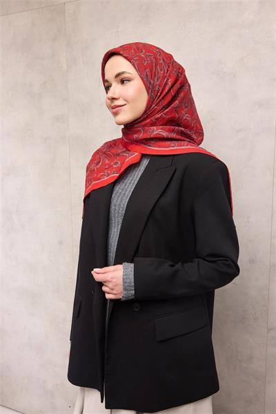 Viskon Velora Eşarp Dört Mevsim Barok Floral Desen Kırmızı 90x90