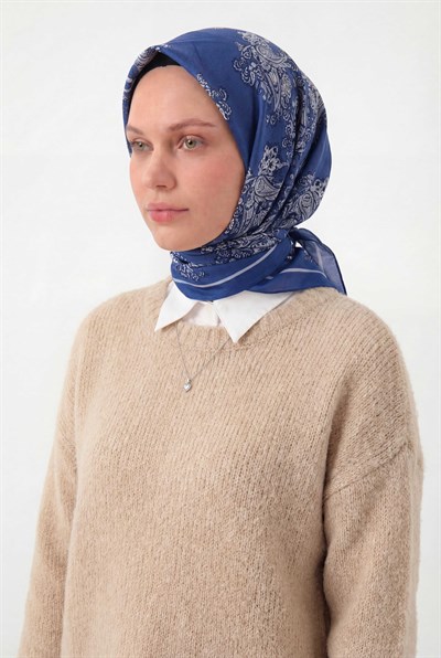 Viskon Velora Eşarp Dört Mevsim Barok Floral Desen Mavi 90X90