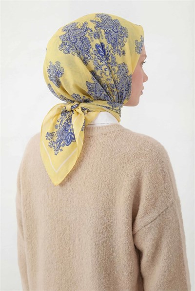 Viskon Velora Eşarp Dört Mevsim Barok Floral Desen Limon 90X90