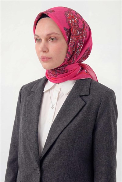 Viskon Velora Eşarp Dört Mevsim Barok Floral Desen Fosfor Pembe 90X90