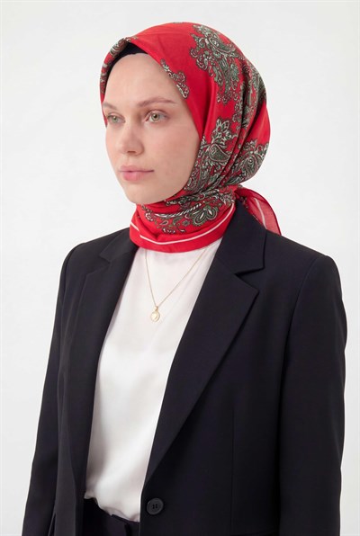 Viskon Velora Eşarp Dört Mevsim Barok Floral Desen Bayrak Kırmızısı 90X90