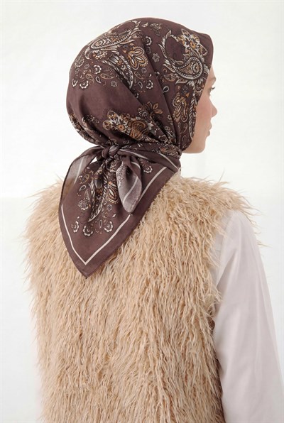 Viskon Velora Eşarp Dört Mevsim Barok Floral Desen Kahve Bordo 90X90