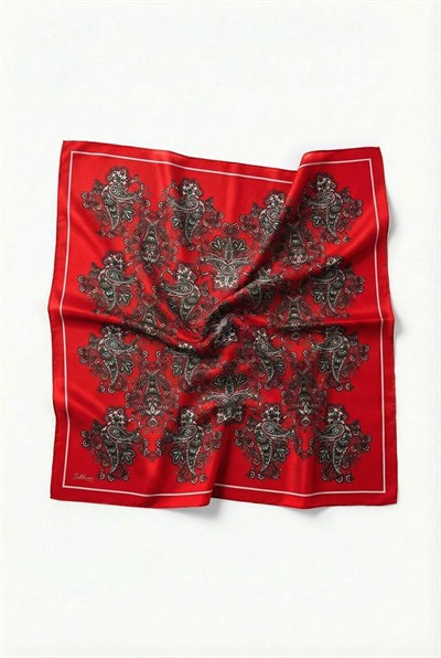 Viskon Velora Eşarp Dört Mevsim Barok Floral Desen Bayrak Kırmızısı 90X90