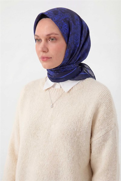 Viskon Velora Eşarp Dört Mevsim Barok Floral Desen Koyu Mavi 90X90