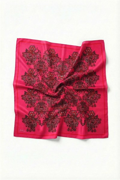 Viskon Velora Eşarp Dört Mevsim Barok Floral Desen Fosfor Pembe 90X90