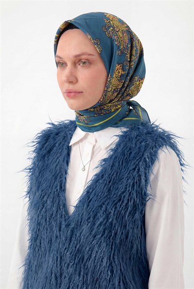 Viskon Velora Eşarp Dört Mevsim Barok Floral Desen Petrol Mavi 90X90