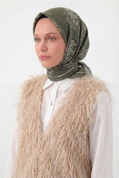 Viskon Velora Eşarp Dört Mevsim Barok Floral Desen Haki 90X90