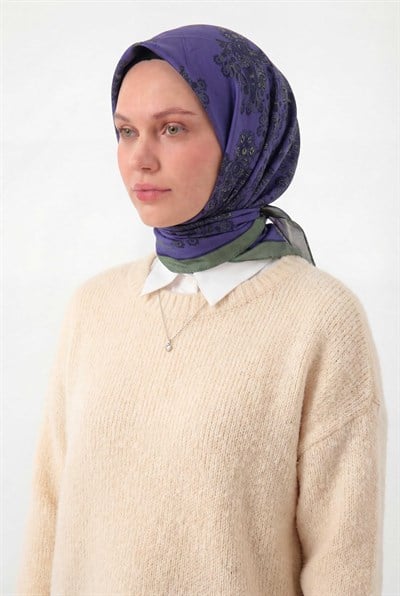 Viskon Velora Eşarp Dört Mevsim Barok Floral Desen Mavi Mor 90X90