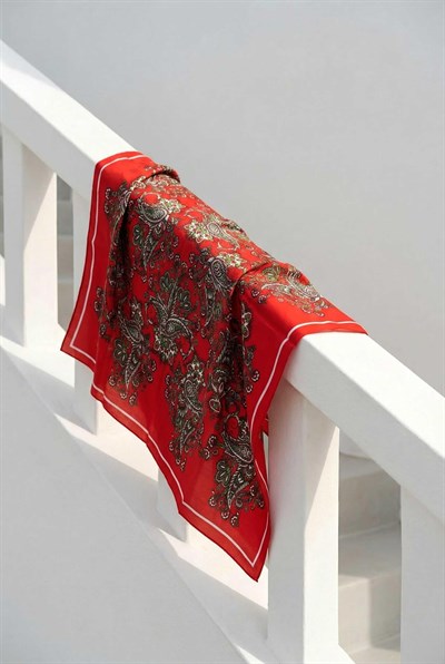 Viskon Velora Eşarp Dört Mevsim Barok Floral Desen Bayrak Kırmızısı 90X90