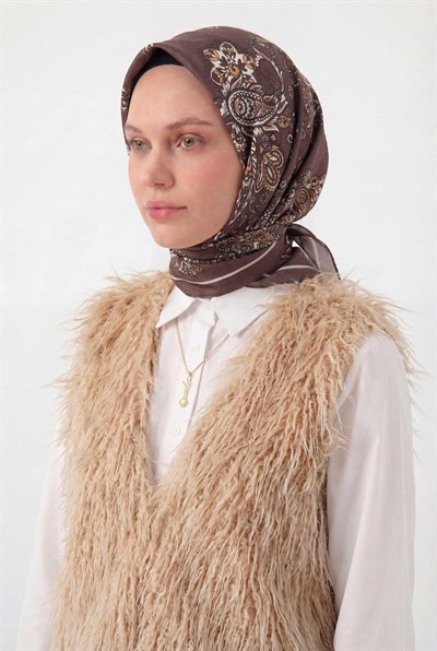 Viskon Velora Eşarp Dört Mevsim Barok Floral Desen Kahve Bordo 90X90