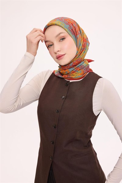 Viskon Velora Eşarp Dört Mevsim Dalga İzi Desen Kiremit 90X90