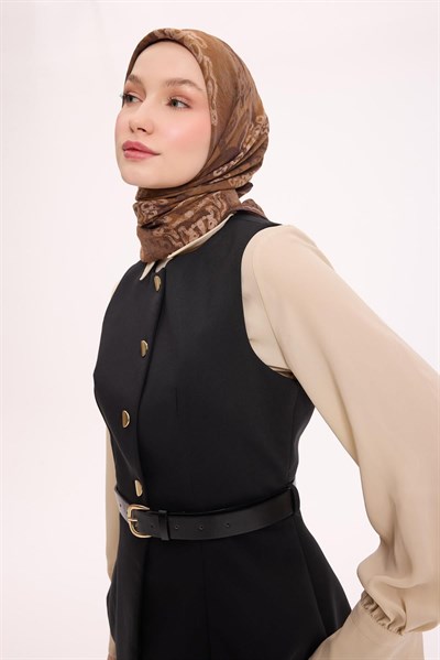 Viskon Velora Eşarp Dört Mevsim Dalga İzi Desen Acı Kahve 90X90