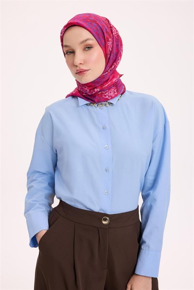 Viskon Velora Eşarp Dört Mevsim Dalga İzi Desen Fuşya Kırmızı 90X90