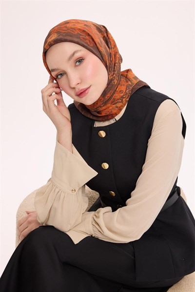 Viskon Velora Eşarp Dört Mevsim Dalga İzi Desen Mocha 90X90
