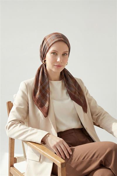 Viskon Velora Eşarp Dört Mevsim Ekose Desen Kahve Bordo 90x90